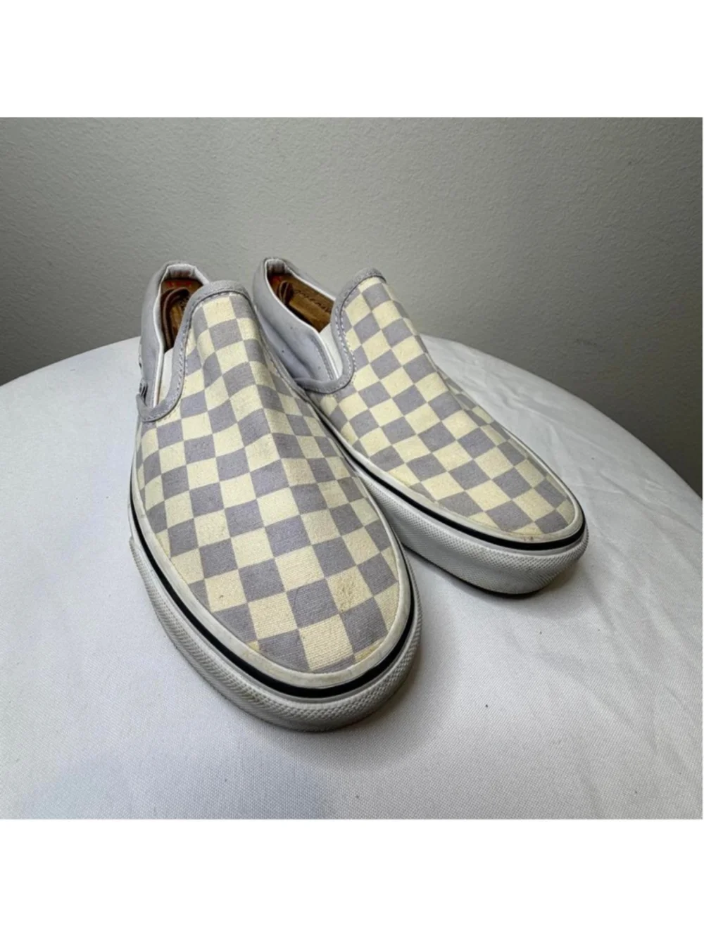 Vans gray and white checkerboard slip-on sneakers #skateboarding #checkerboard
